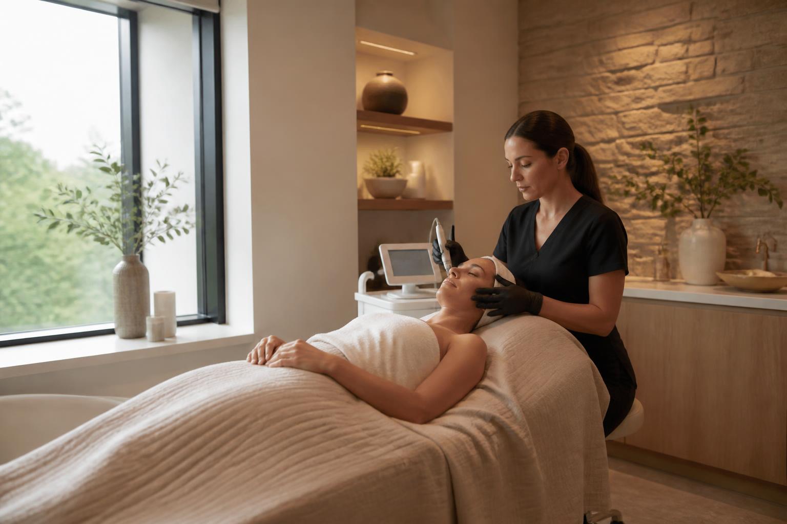 Elegant med spa treatment room with warm natural light and soft neutral finishes.