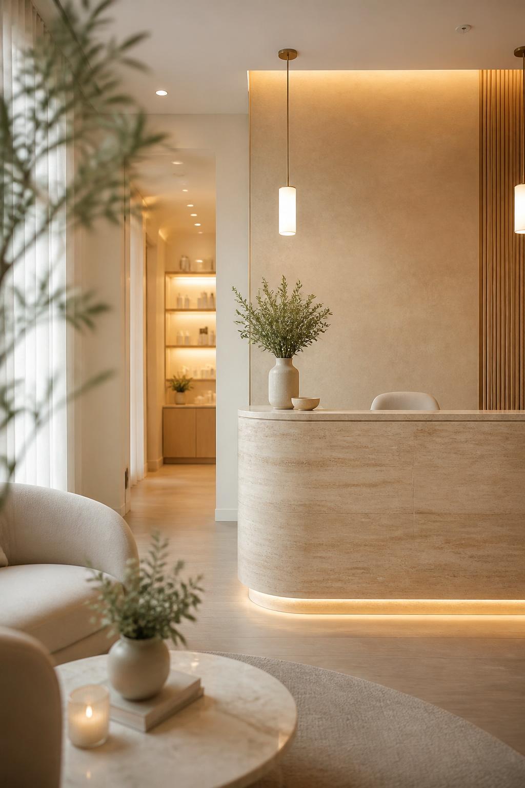 Welcoming med spa reception area with soft light and neutral decor.